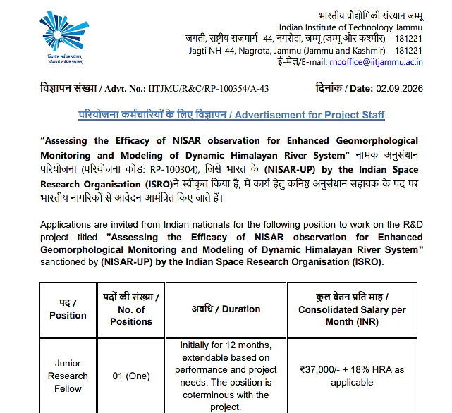 Junior Research Fellow Recruitment 2026 at IIT Jammu – ISRO NISAR-UP Research Project