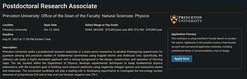 Postdoctoral Research Opportunity: Postdoctoral Research Associate in Penning-Trap Quantum Sensing – Princeton University