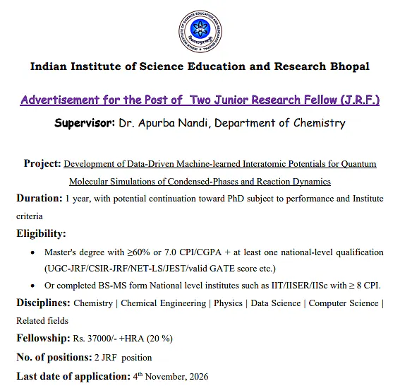 Junior Research Fellow (JRF) Recruitment 2026 – IISER Bhopal