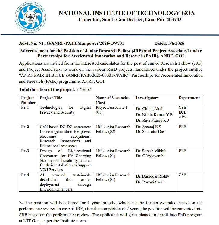 Junior Research Fellow (JRF) & Project Associate-I Recruitment 2026 at NIT Goa | ANRF PAIR Programme