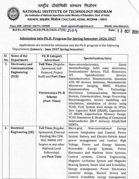 PhD Admission 2026–27 at NIT Mizoram – Spring Semester | Electronics and Electrical Engineering