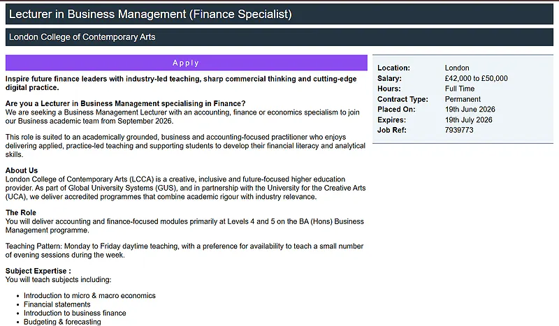 Lecturer in Business Management (Finance Specialist) at London College of Contemporary Arts (LCCA), UK