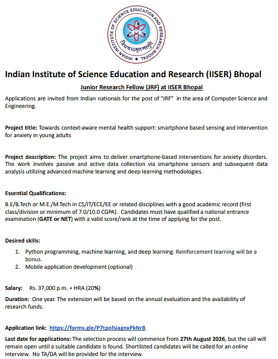  IISER Bhopal Junior Research Fellow (JRF) Recruitment 2026