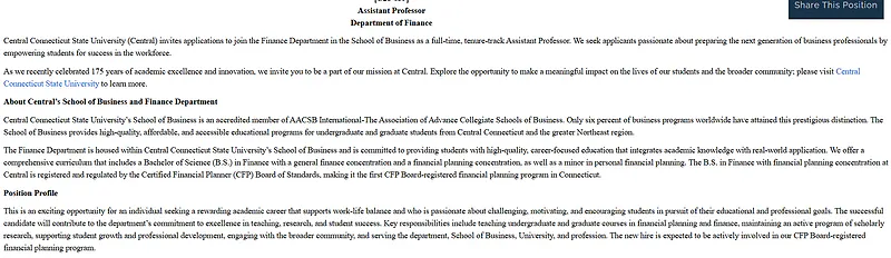 Assistant Professor of Finance – Central Connecticut State University