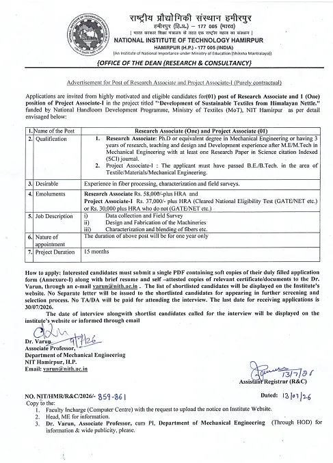 NIT Hamirpur Recruitment 2026: Research Associate & Project Associate-I Vacancies |