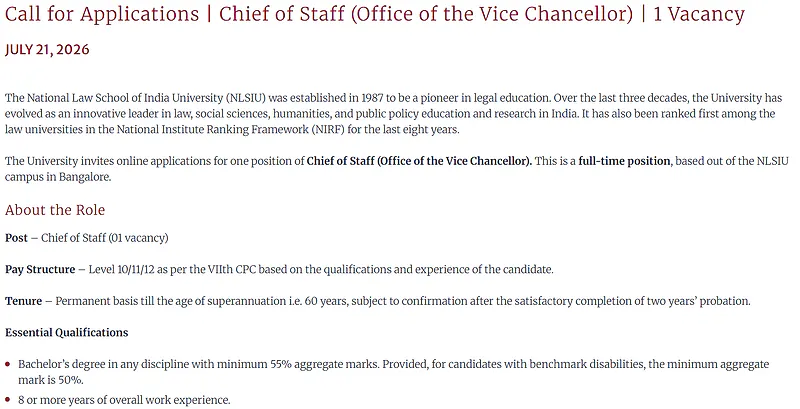 NLSIU Chief of Staff Recruitment 2026
