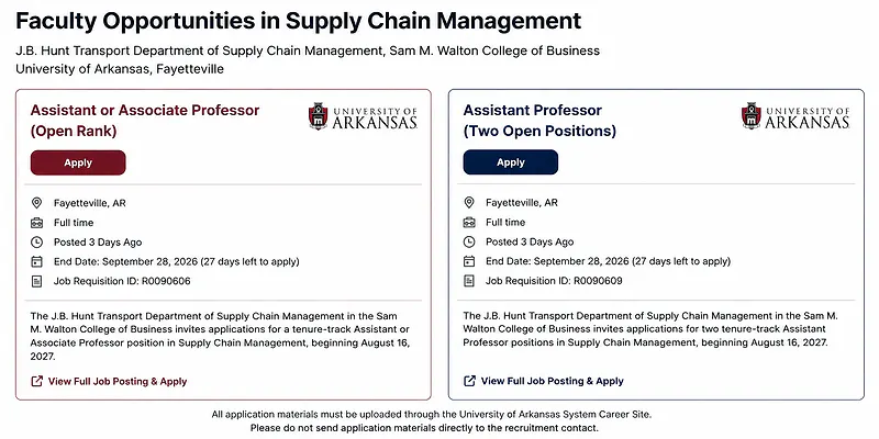 Assistant/Associate Professor & Assistant Professor in Supply Chain Management – University of Arkansas