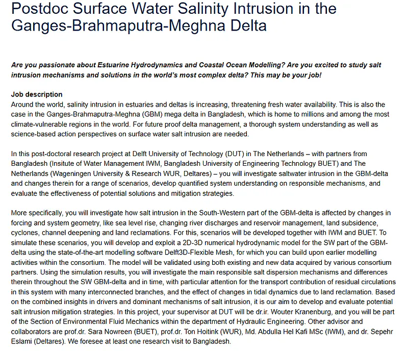 Postdoctoral Opportunity 2026 | Surface Water Salinity Intrusion in the Ganges–Brahmaputra–Meghna Delta at TU Delft