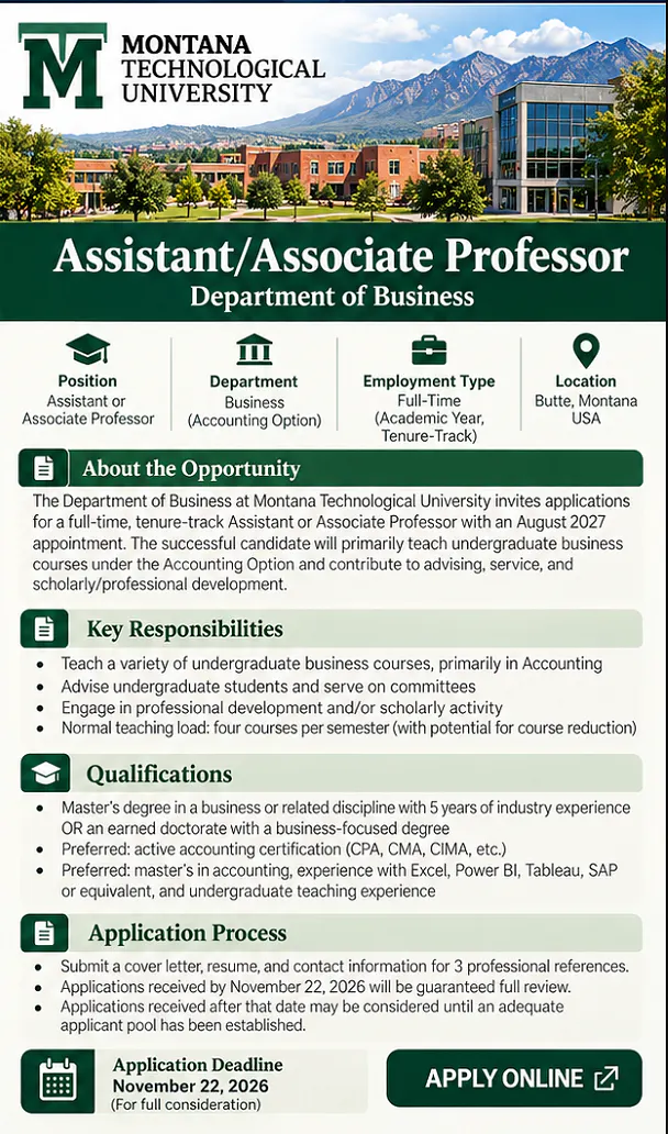 Assistant/Associate Professor – Business – Montana Technological University