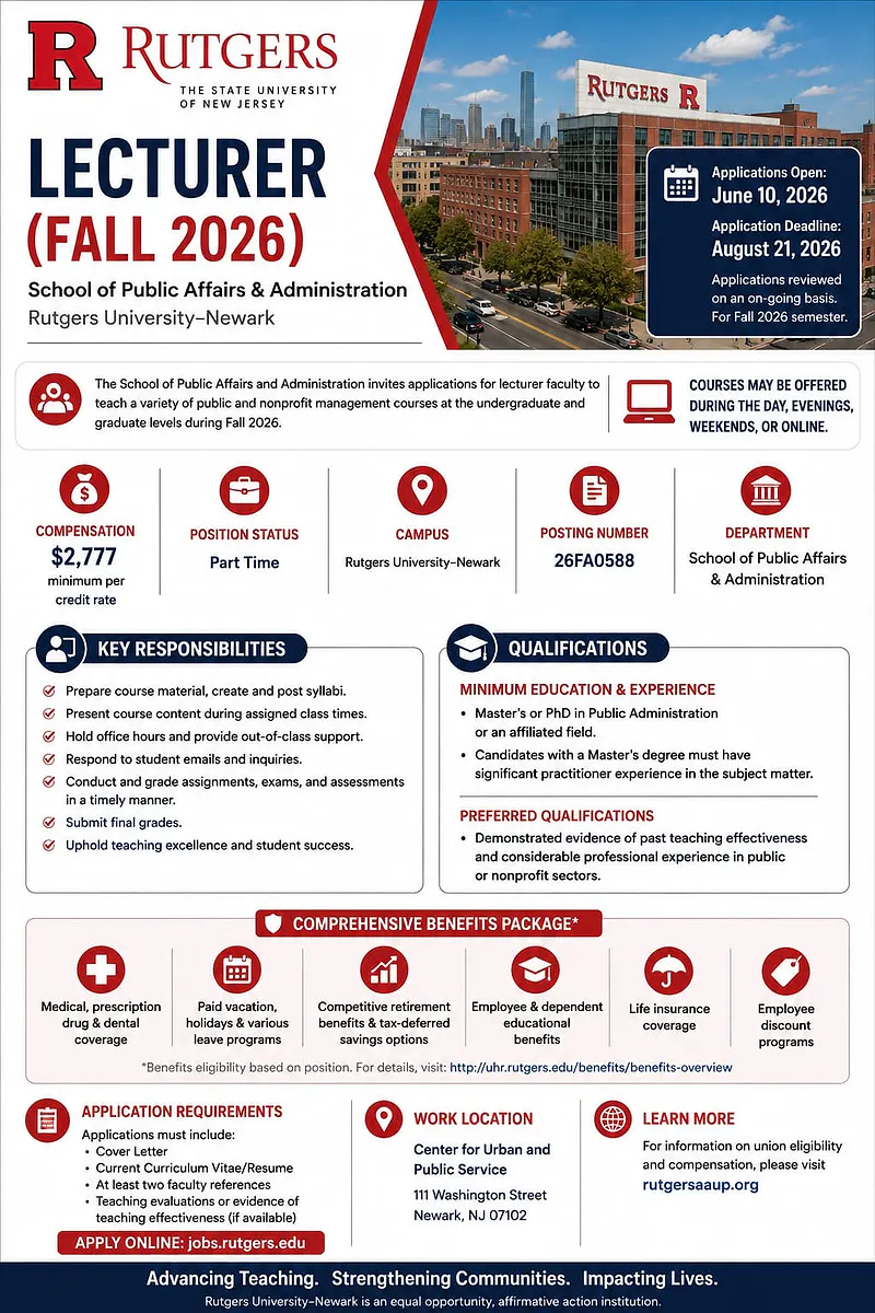 Academic Opportunity: Part-Time Lecturer (Fall 2026) – Rutgers University–Newark
