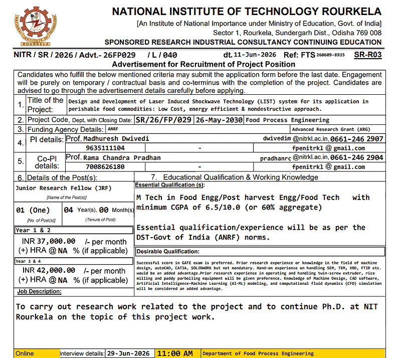 Junior Research Fellow (JRF) Recruitment 2026 at NIT Rourkela | ANRF-Funded Research Project