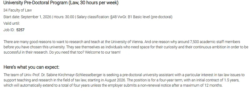 University of Vienna Pre-Doctoral Programme in Law 2026