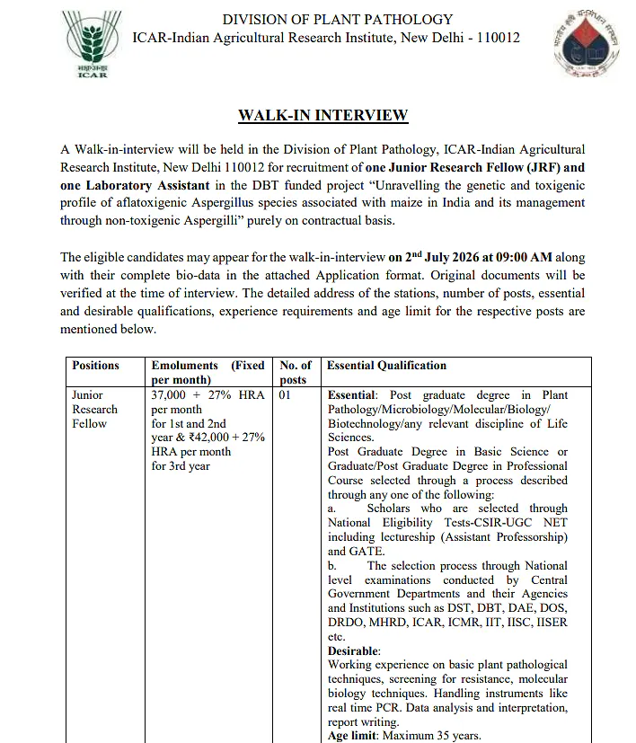 ICAR-IARI Recruitment 2026: Walk-in Interview for JRF and Laboratory Assistant Positions