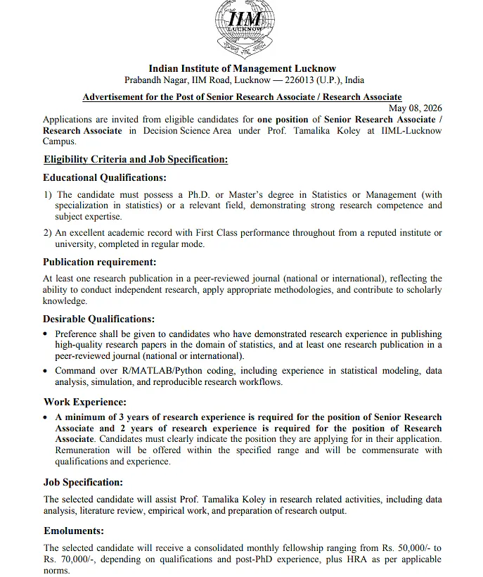 Research Associate Recruitment 2026 : IIM Lucknow