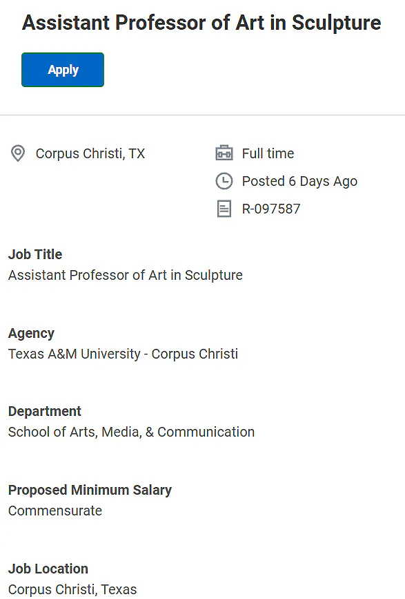 Assistant Professor of Art in Sculpture – Texas A&M University–Corpus Christi