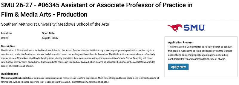 Assistant or Associate Professor of Practice in Film & Media Arts – Production – Southern Methodist University