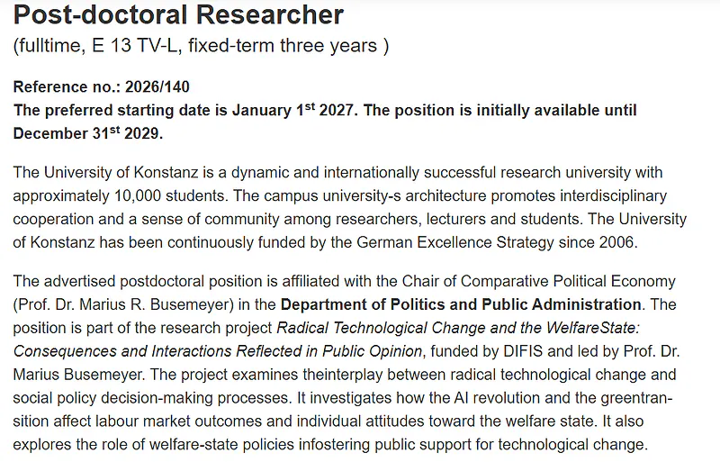 University of Konstanz Postdoctoral Researcher Recruitment 2026 in Comparative Political Economy