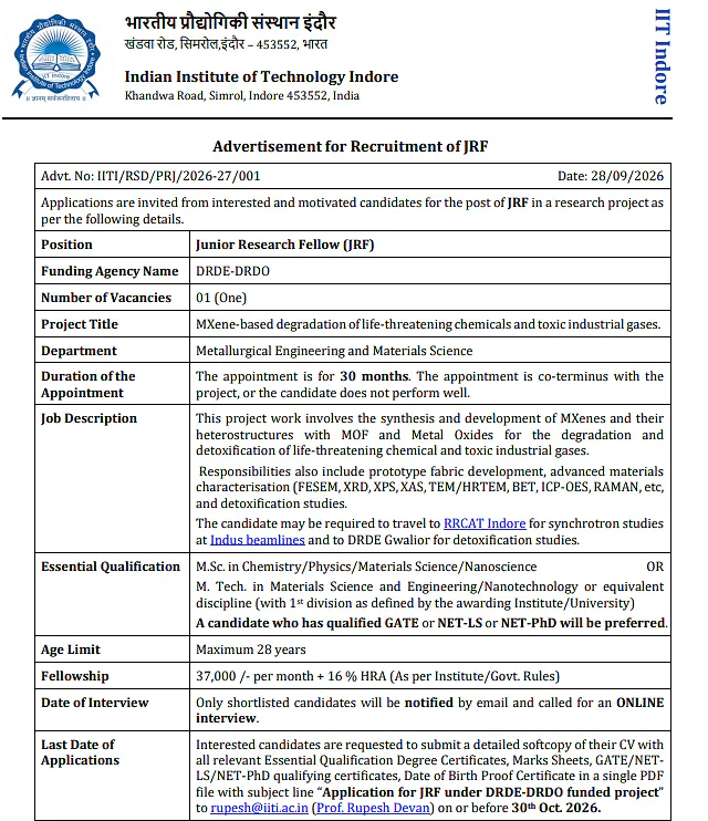 Junior Research Fellow (JRF) Recruitment 2026 – IIT Indore