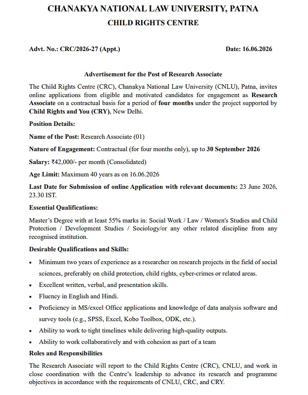 Chanakya National Law University (CNLU), Patna Recruitment 2026: Applications Invited for Research Associate Position