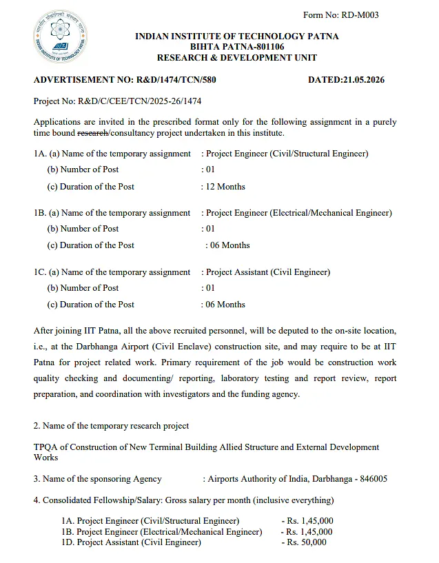 IIT Patna Recruitment 2026: Openings for Project Engineers & Project Assistants