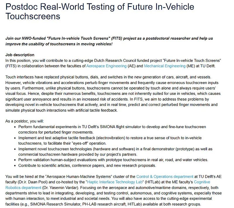 TU Delft Recruitment 2026: Postdoctoral Position in Future In-Vehicle Touchscreens