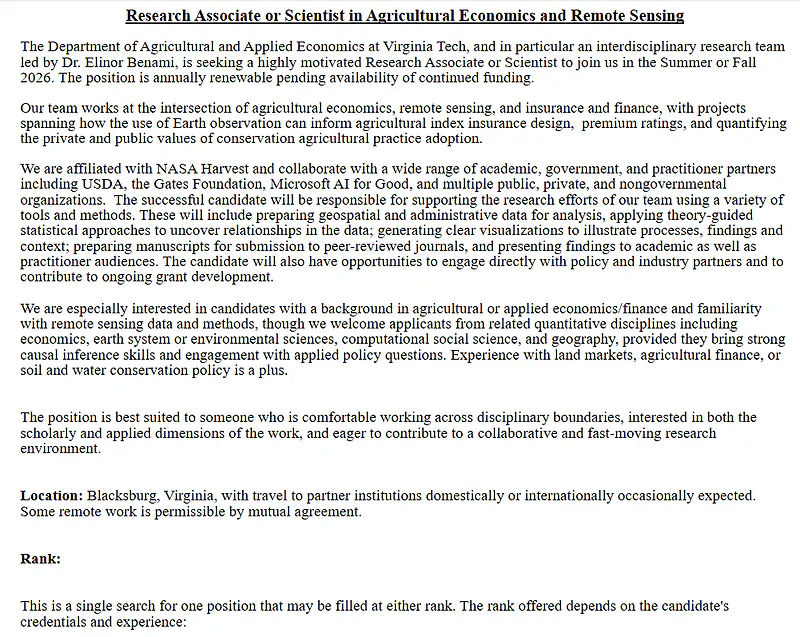 Virginia Tech Recruitment 2026 | Research Associate / Scientist in Agricultural Economics & Remote Sensing