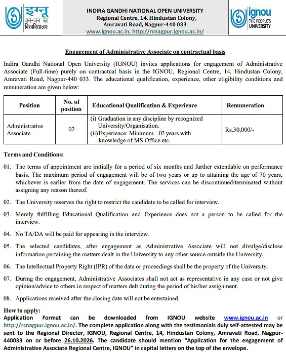Administrative Associate Recruitment 2026 at IGNOU Nagpur Regional Centre – 2 Vacancies