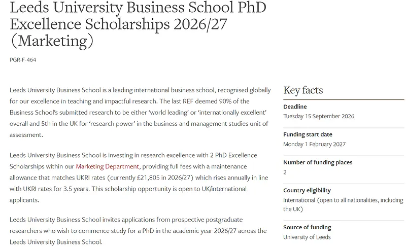 Leeds University Business School PhD Excellence Scholarships 2026/27 (Marketing) | Fully Funded | Apply by 15 September