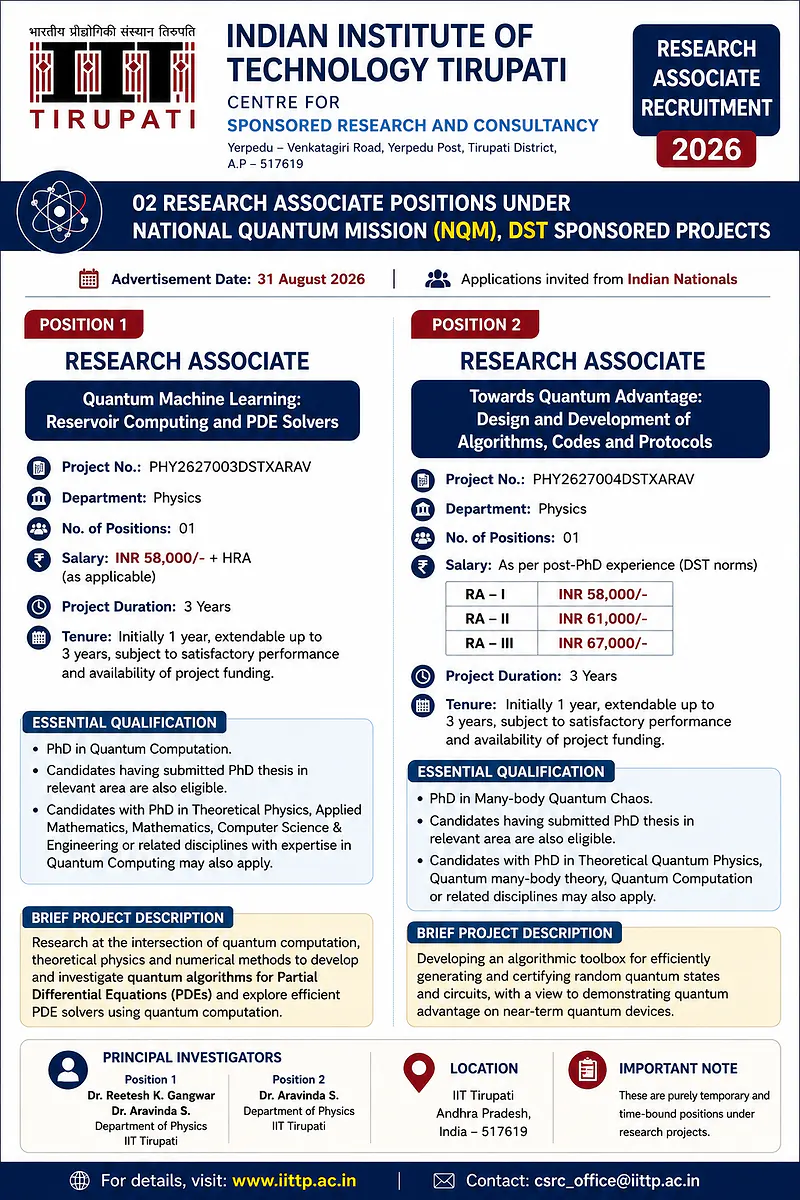 Research Associate Recruitment 2026 at IIT Tirupati – 02 Positions under NQM-DST Sponsored Projects