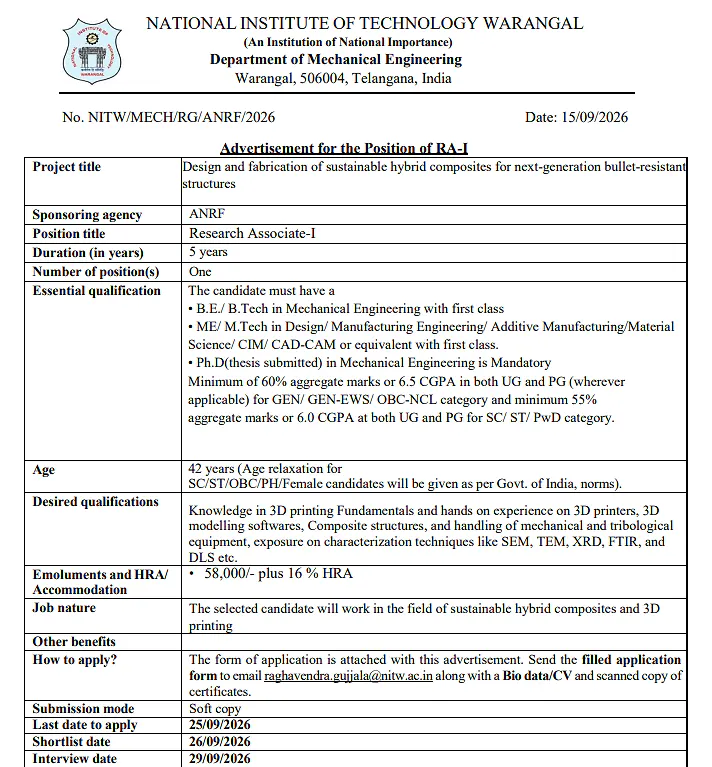 Research Associate-I Recruitment 2026 at NIT Warangal – ANRF Sponsored Research Project