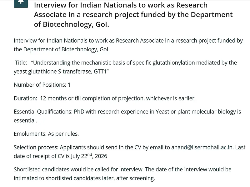 IISER Mohali Recruitment 2026: Research Associate Vacancy Under DBT-Funded Project | 