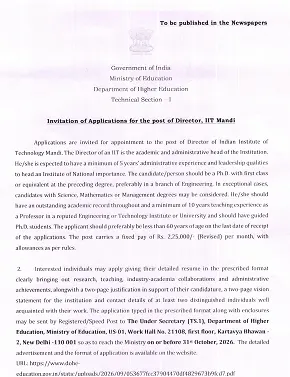 IIT Mandi Director Recruitment 2026 – Ministry of Education Invites Applications