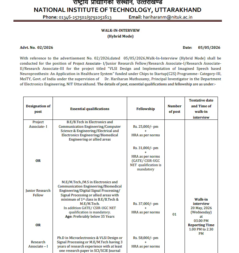 NIT Uttarakhand Recruitment 2026 -   Project Associate / JRF / Research Associate