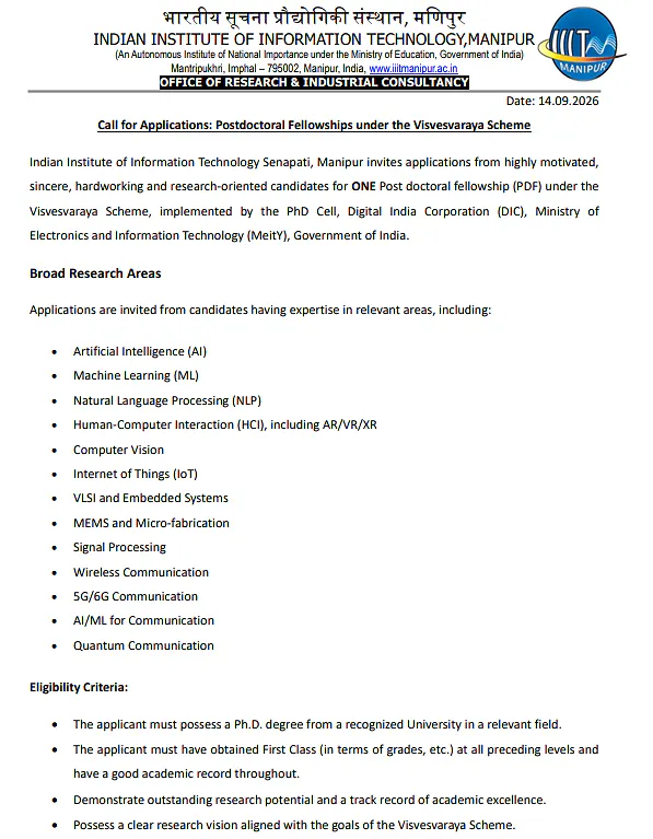 Postdoctoral Fellowship Recruitment 2026 under Visvesvaraya Scheme – IIIT Manipur
