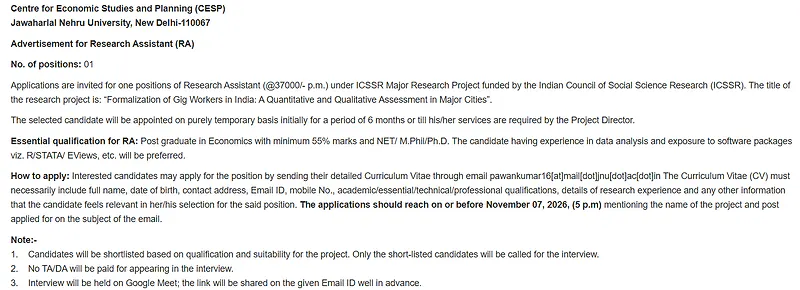 JNU Research Assistant Recruitment 2026 – ICSSR Project 