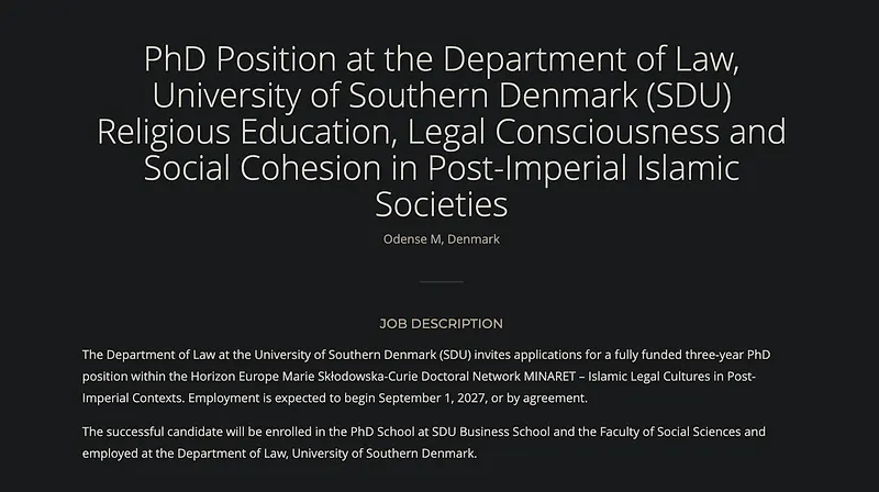PhD Opportunity: Religious Education, Legal Consciousness and Social Cohesion in Post-Imperial Islamic Societies – University of Southern Denmark