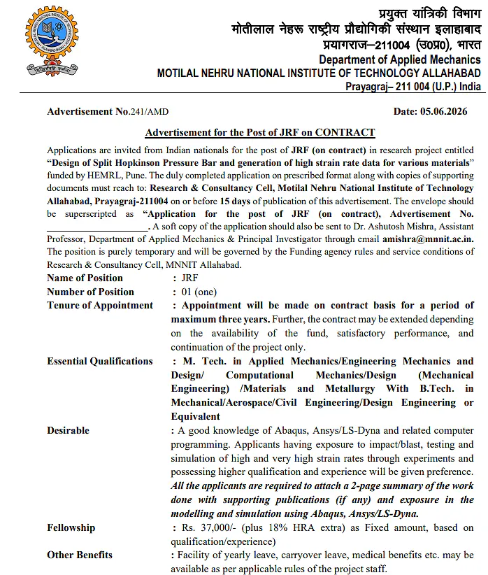 Junior Research Fellow (JRF) Recruitment 2026 at MNNIT Allahabad | HEPMRL-Funded Research Project