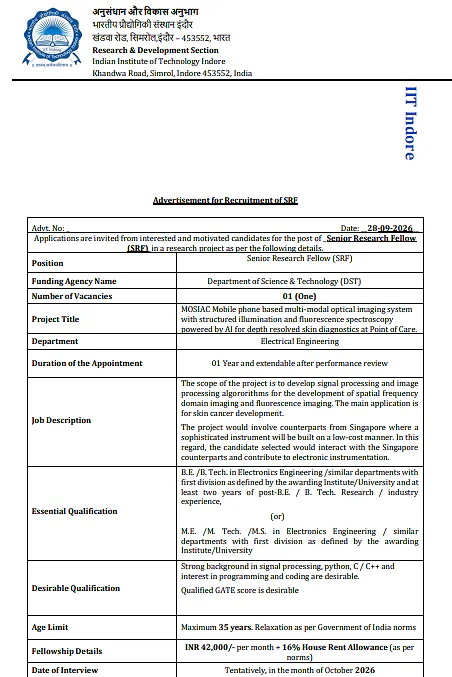 Senior Research Fellow (SRF) Recruitment 2026 – IIT Indore