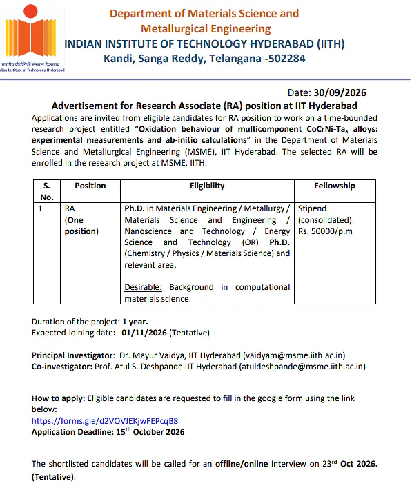 Research Associate (RA) Recruitment 2026 – IIT Hyderabad