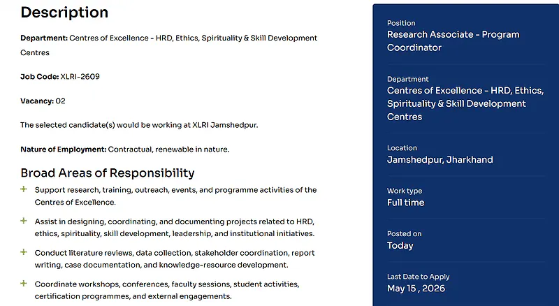 XLRI Jamshedpur Recruitment 2026 -  Research Associate 