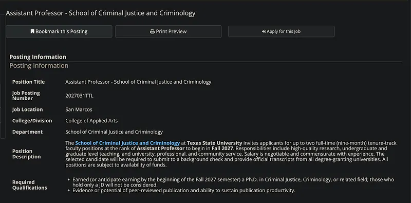 Assistant Professor – School of Criminal Justice and Criminology, Texas State University