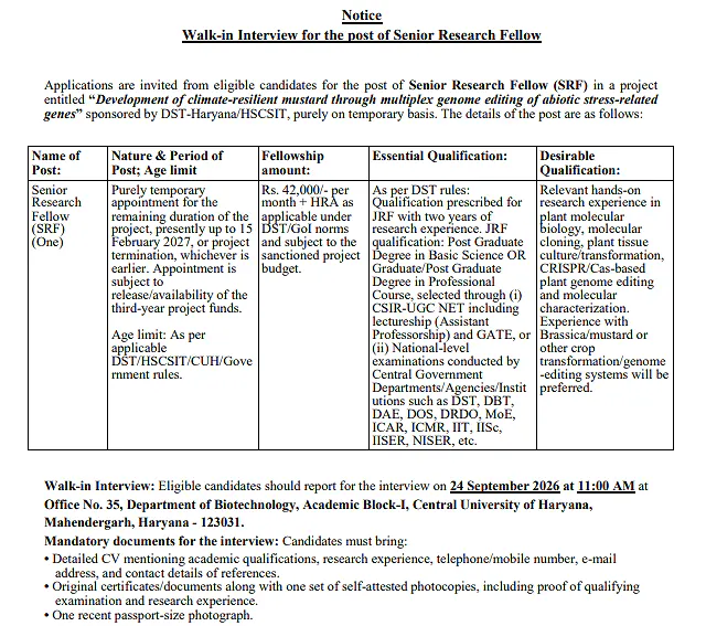 Senior Research Fellow (SRF) Recruitment 2026 at Central University of Haryana – Walk-in Interview