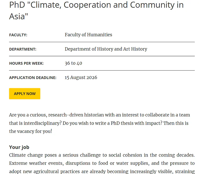 Utrecht University Recruitment 2026: PhD in "Climate, Cooperation and Community in Asia" | Fully Funded PhD Position 