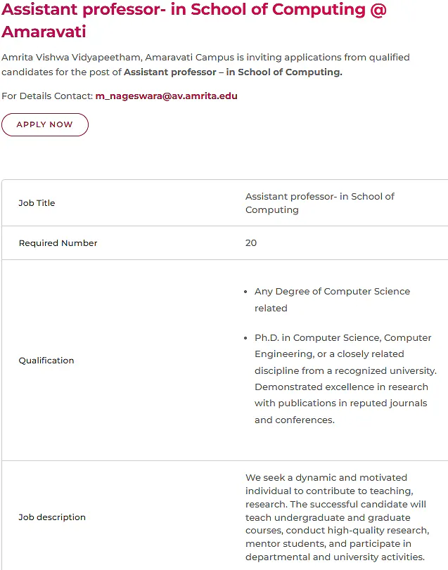 Assistant Professor Recruitment 2026 at Amrita Vishwa Vidyapeetham – School of Computing, Amaravati Campus