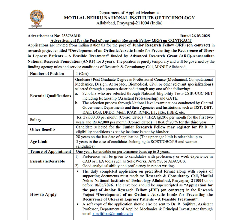 Junior Research Fellow (JRF) Recruitment 2026 – MNNIT Allahabad