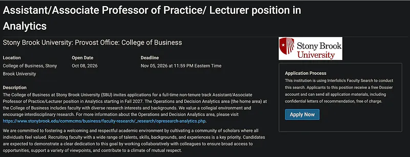 Assistant/Associate Professor of Practice / Lecturer in Analytics – Stony Brook University