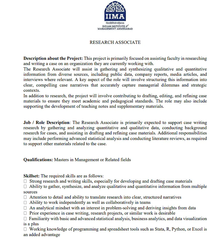 Research Associate Recruitment 2026 at IIM Ahmedabad