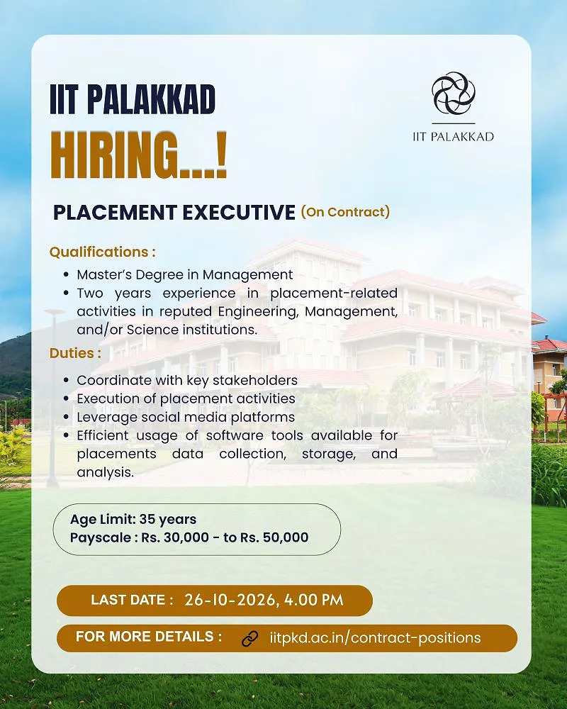Placement Executive Recruitment 2026 at IIT Palakkad – Apply for Contract Position