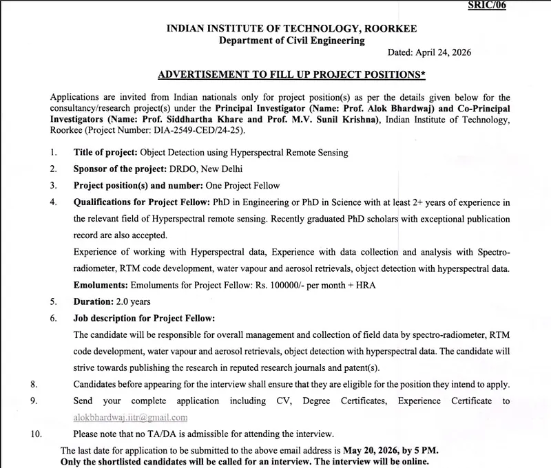 Project Fellow Position  Indian Institute of Technology Roorkee (IIT Roorkee)