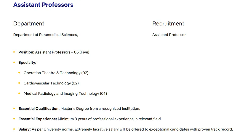 Faculty Recruitment: Assistant Professors in Paramedical Sciences